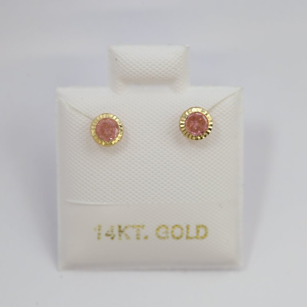 14K Solid Yellow Gold Round Pink CZ Stud Earrings • 4mm Feminine Elegant Design.